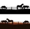 Grazing horses and farm fence vector silhouette scene
