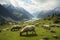 Grazing sheep create a serene scene on the green mountain