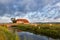 Grazing sheep on pasture by farmhouse