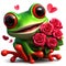 great 3d illustration of a funny red eyed tree frog with a bunch of red roses on valentines day