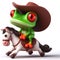 great 3d illustration of a funny red eyed tree frog on horse with cowboy hat