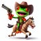great 3d illustration of a funny red eyed tree frog on horse with cowboy hat