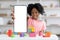 Great App. Smiling Black Preteen Girl Showing Blank Smartphone With White Screen