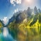 Great azure alpine lake Vorderer Gosausee. Gosau Valley in Upper Austria