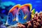 Great Barrier Reef Beautiful Cute Colorful Fishes extreme closeup. Generative AI