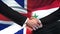 Great Britain and Syria handshake, international friendship, flag background