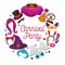 Great carnival party advertisement banner with costume accessories inside circle isolated vector illustrations on white