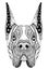 Great Dane dog zentangle stylized head, freehand pencil, hand drawn, pattern. Zen art. Ornate vector. Coloring.