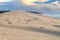 The Great Dune of Pyla or Pilat before sunset. People climbing the dune. Arcachon Bay, travel France.