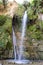 Great Falls Shulamit falls into shallow pond with emerald water. Ein Gedi - Nature Reserve and National Park, Israel