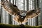 Great gray owl, flying in the morning light. Generative AI