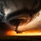 A great and huge tornado spawned in the field. Dramatic and strong cinematic image