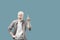 Great idea. Excited albino man pointing finger up, having aha moment over turquoise background with empty space