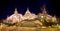 The great illuminated Fisherman`s Bastion, the most photogenic landmark of Buda Hill of Budapest, Hungary