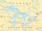 Great Lakes of North America, series of freshwater lakes, political map