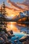 Great landscape lakes in Canada at the sunset time, spiritual, realistic illustration