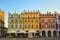 Great Market Square, Zamosc, Poland - September, 21, 2018: Multicolored facades of historic buildings on Great Market Square in Za