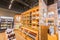 Great, nice closeup view of various wine on wooden shelf`s inside wine store in Toronto down town area