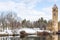 The Great Northern Clocktower and Pavilion along the Spokane River covered in winter snow in Spokane Washington USA