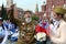 Great Patriotic war veteran Vladimir Burkov on the red square of Moscow with volunteers during the celebration of Victory Day