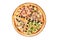 Great pizza mix on a round wooden plate.