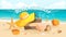 Great postcard, beautiful landscape, sea beach, beach bag, beach hat, pebbles. Sunburst text Hello summer. Vector illustration