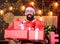 Great present. happy new year. Xmas present box. bearded santa deliver presents. Christmas shopping. bearded man santa