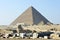 The great pyramid of Giza and a side profile of the Sphinx, Khufu pyramid in the the pyramids desert in Egypt