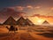 The great pyramids of Giza as the iconic desert sunset