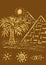 The great pyramids and palm tree. Cairo, Egypt, Africa. Doodle hand drawn illustration. Travel concept. Brown background. Sacred
