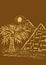 The great pyramids, palm tree and sun. Cairo, Egypt, Africa. Doodle hand drawn illustration. Travel concept. Brown background