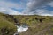 Great rapid flow of water near Skogafoss cascade. Popular tourist attraction