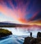 Great rapid flow of water powerful Godafoss cascade. Location pl