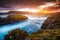 Great rapid flow of water powerful Godafoss cascade. Location place Skjalfandafljot river, Iceland