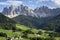 The great rocky walls of the Odle Dolomites Group above the village of Santa Maddalena in Val di Funes