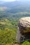 Great scenic view of a green valley in Catalonia landscape from the top a rock cliff hill