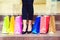 Great shopping day. Woman with shopping bags. Women fashion. Shopping bag. Great sales. Shopaholic girl with color paper bags