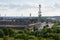 The Great Strahov Stadium with telecommunication tower seen from Petrin tower on sunny summer day in Prague