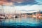 Great summer sunset in port of old fishing town Izola. Colorful spring evening on Adriatic Sea. Beautiful seascape of Slovenia,