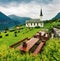 Great summer view of Nes Church,  parish church in Luster Municipality in Sogn og Fjordane county, Norway. Splendid morning scene