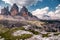 Great sunny view of the National Park Tre Cime di Lavaredo, Panoramic view of three spectacular mountain peaks. Awecome