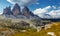 Great sunny view of the National Park Tre Cime di Lavaredo, Panoramic view of three spectacular mountain peaks. Awecome nature