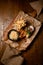 great top view of french fries and bowl of sauerkraut and delicious batter fried pork ears