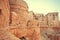 Great towers of historical Jaisalmer fort with monumental stone walls over the old city, India