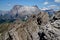 Great view of dolomite mountain landscape / distinctive sassolungo in gardena valley