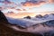 Great view of the foggy valley in Gran Paradiso National Park, Alps, Italy, dramatic scene, beautiful world. colourful autumn