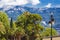 Great view of mountains and palm trees in Montenegro. clouds over the mountains. Selective focus