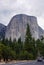 Great vistas of massive granite monoliths El Capitan seen from Yosemite Valley floor in Yosemite National Park, California