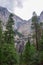 Great vistas of massive granite monoliths El Capitan seen from Yosemite Valley floor in Yosemite National Park, California