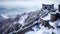 The Great Wall of China, Shimatai section. Snow covers the walls and surrounding area, giving an impression of purity and